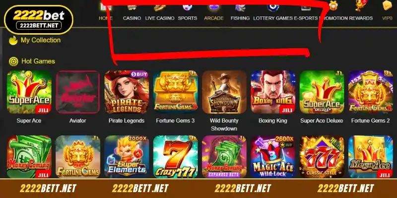 About 2222BET extensive game library