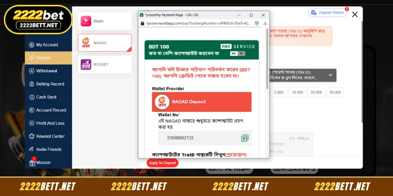 Instructions for New Users to Make a 2222BET Deposit